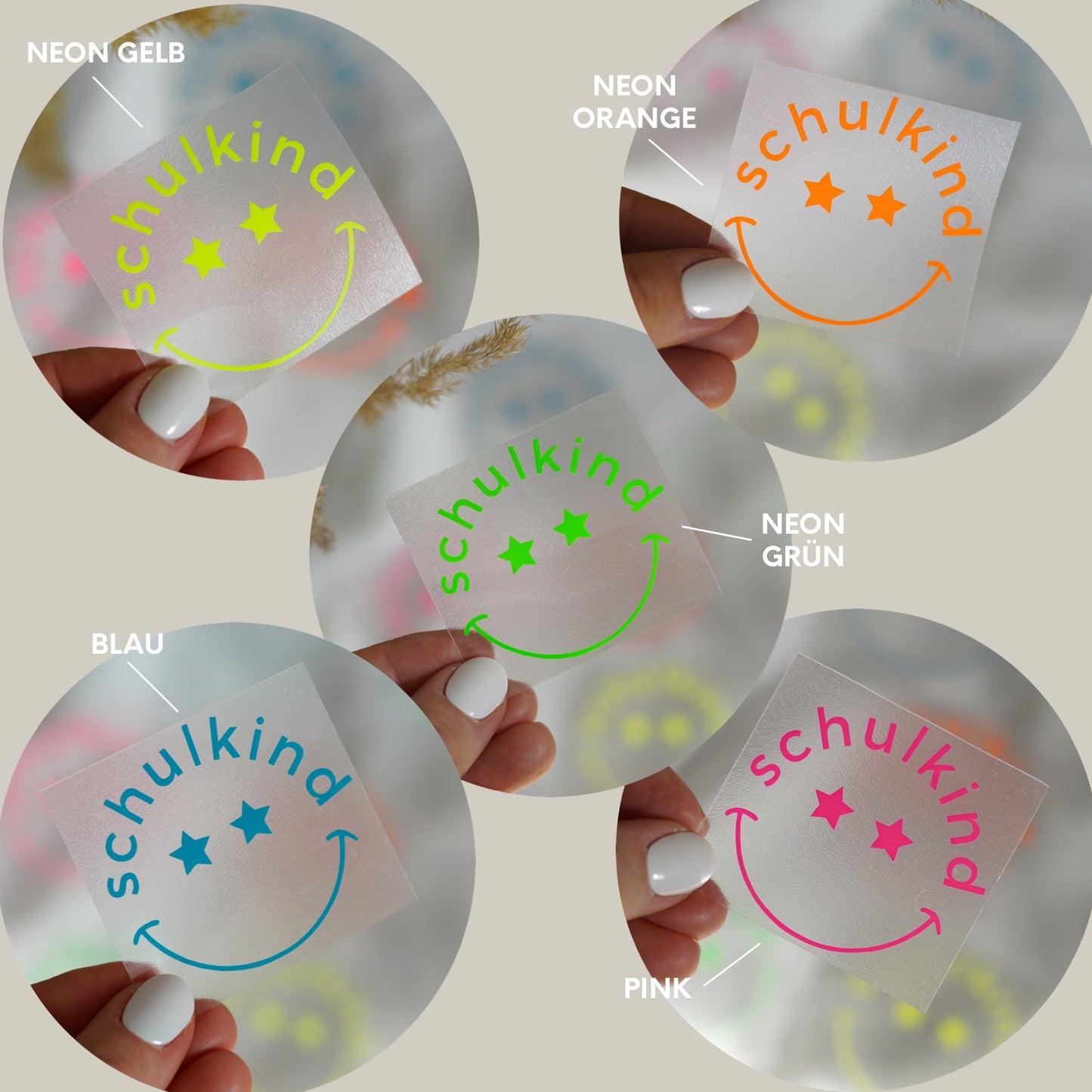 Neon Bügelbild – Schulkind mit lachendem Gesicht und Sternenaugen – leuchtendes Aufbügelmotiv für die Einschulung in Neon Pink, Gelb, Orange, Grün & Blau