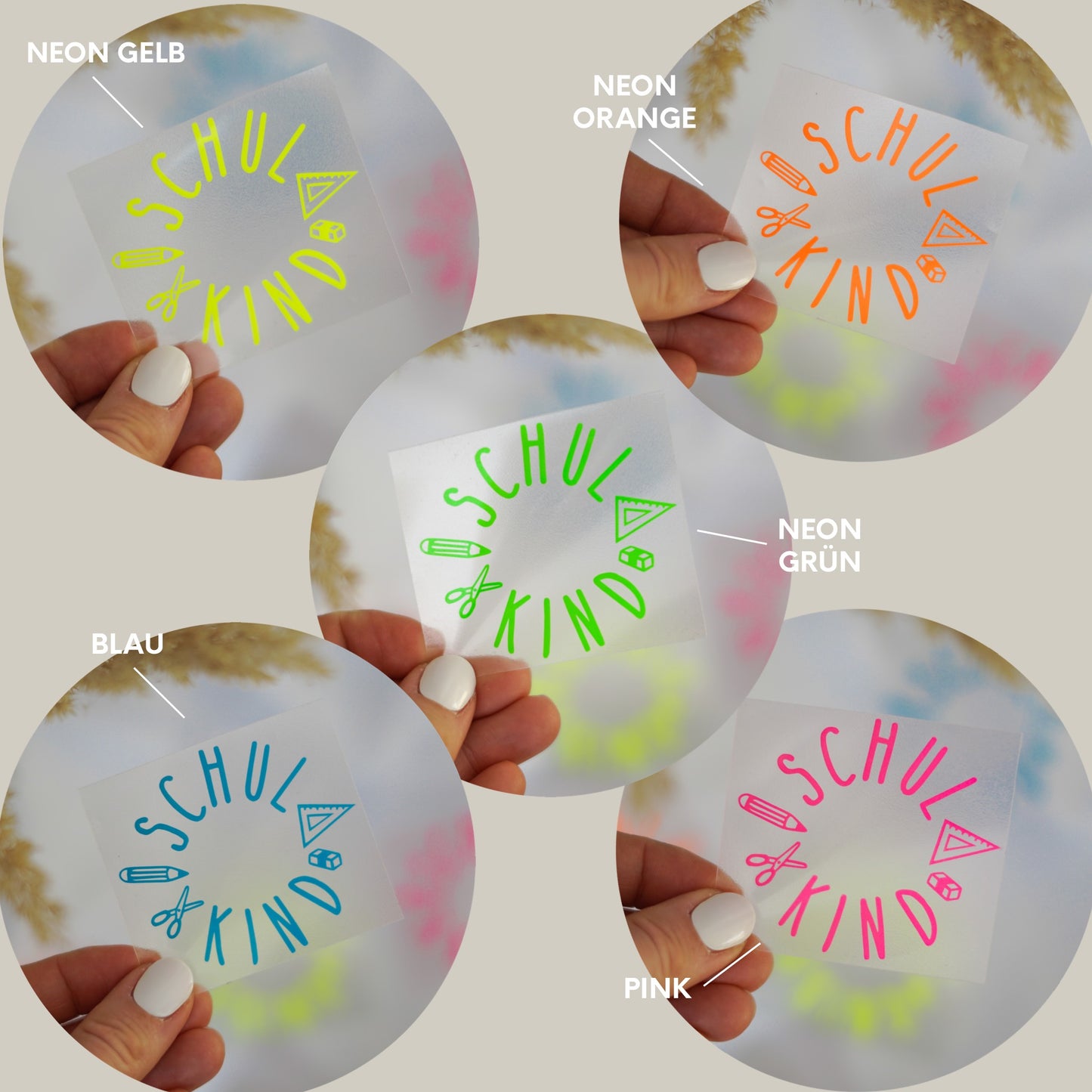 Handgemachtes Bügelbild „Schulkind“ mit bunten Schulutensilien wie Geodreieck, Stift und Radiergummi – ideal für den Schulstart.