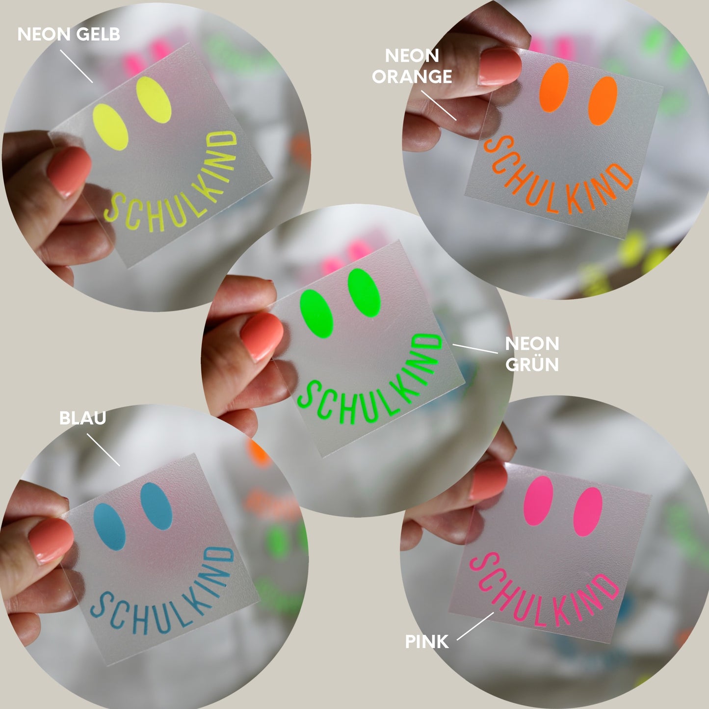 Neon Bügelbild – Schulkind mit Smile-Gesicht – Aufbügler für die Einschulung in Neon Pink, Gelb, Orange, Grün & Blau