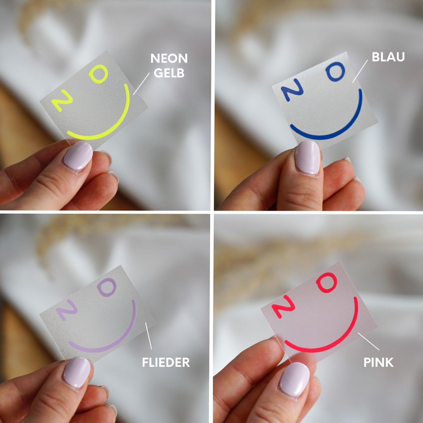 Handgemachtes buntes Bügelbild mit Happy Face „NO“ in Neon-Gelb, Neon-Pink, Blau & Flieder – Aufbügler für DIY-Mode & Upcycling