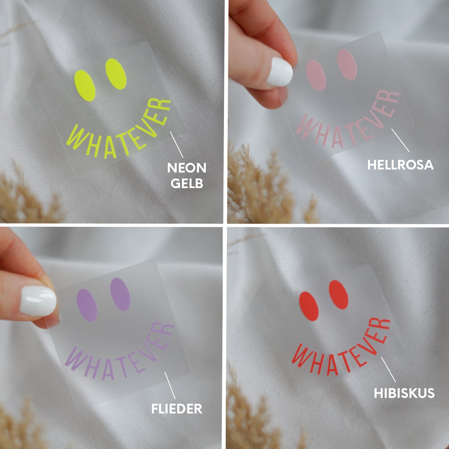 Handgemachtes buntes Bügelbild mit Smiley „Whatever“ in Neon-Gelb, Hibiskus, Flieder & Hellrosa – Iron-On Patch für DIY-Mode & Upcycling