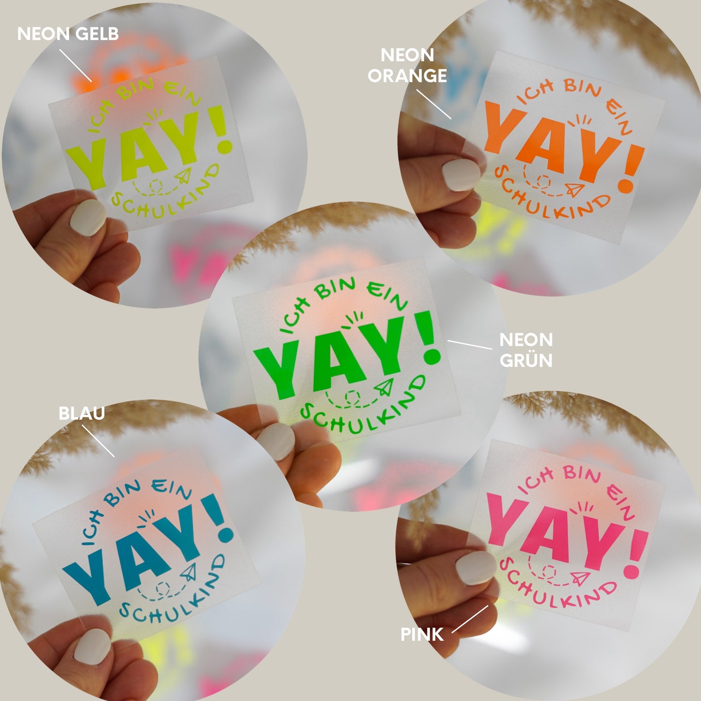 Handgemachtes Bügelbild „Yay, ich bin ein Schulkind“ mit bunten Neonfarben – ideal für die Einschulung und den Schulstart, einfach aufbügelbar.