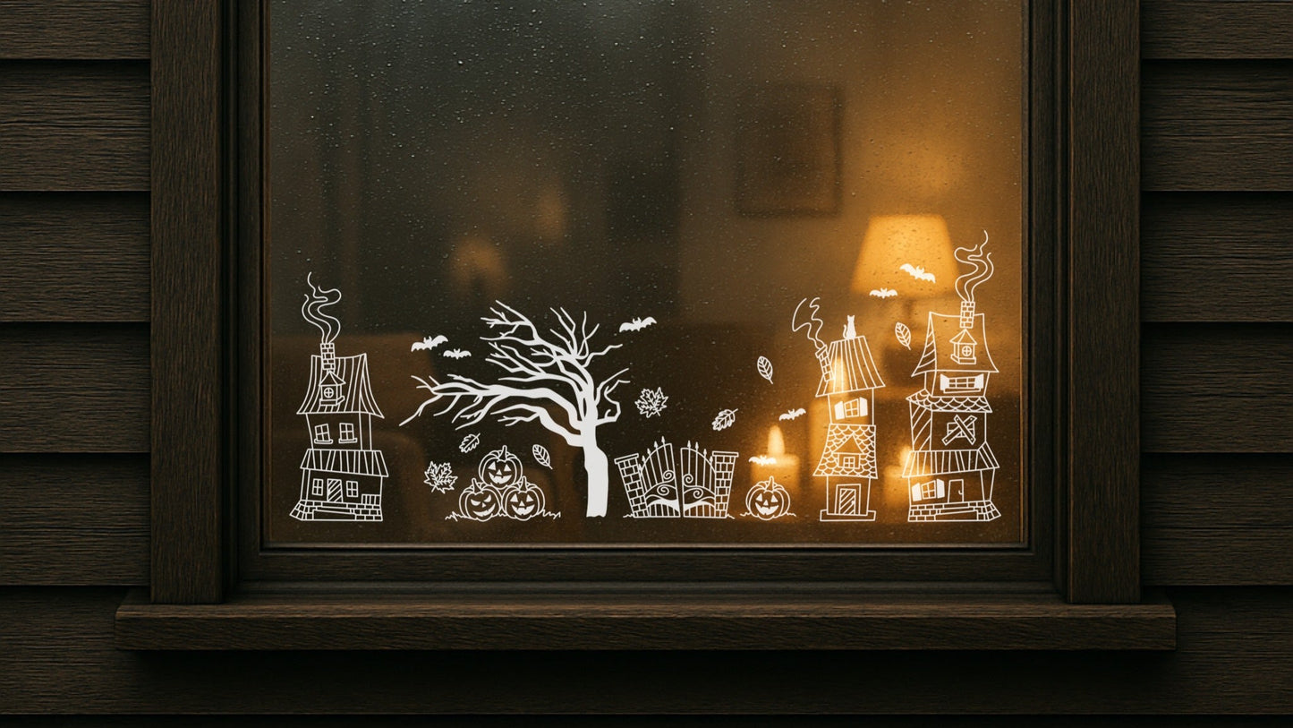 Halloween Town – Halloween Design mit gruseligen Häuschen, Kürbissen und knorrigen Bäumen. Ideal für Fensterbilder, Kissenbezüge und Halloween-Dekorationen.