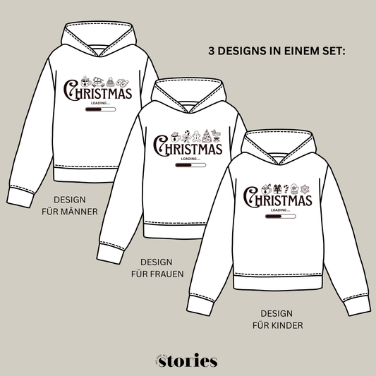 Matching Family Christmas Sweater mit Christmas Loading Plotterdatei – drei weinrote Weihnachtspullover für Mama, Papa und Kind mit individuellen Weihnachtssymbolen.