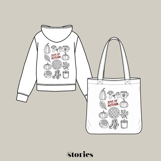 Plotterdatei Joys of Autumn mit Kürbissen, Pilzen, Zimtschnecke, Tasse, Blättern, Kerze und weiteren herbstlichen Cozy Motiven als SVG, DXF und PNG