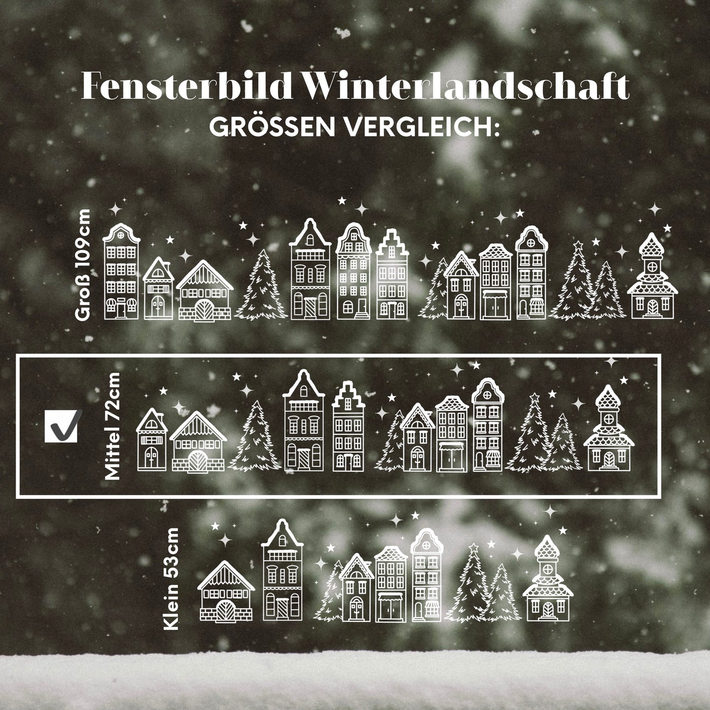 Fenstersticker Winterlandschaft 72 cm – Weihnachtsdeko Fensterbild mit Häusern, Tannen & Sternen. Skandinavische Winter Fensterdeko Weihnachten.