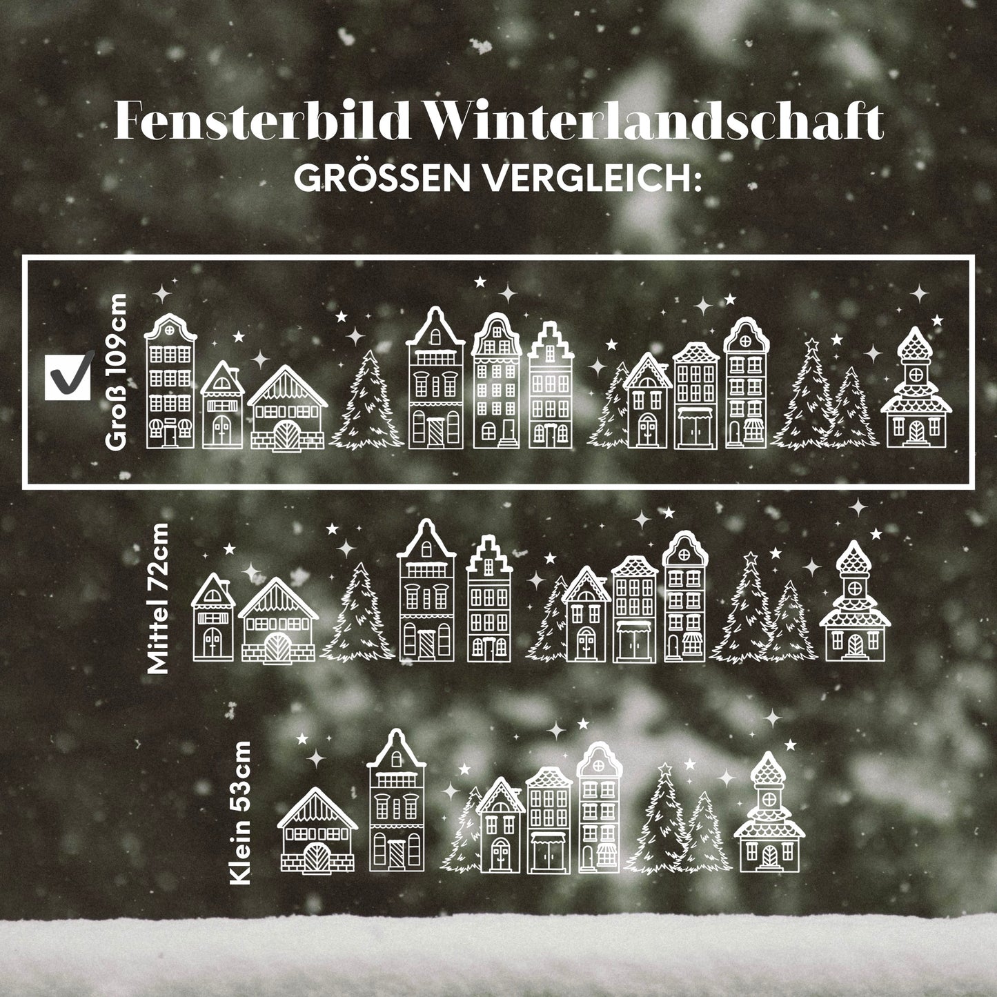 Fenstersticker Winterlandschaft – Weihnachtsdeko Fensterbild mit Häuserreihe, Sternen & Tannen. Skandinavische Winterdeko für dein Zuhause.