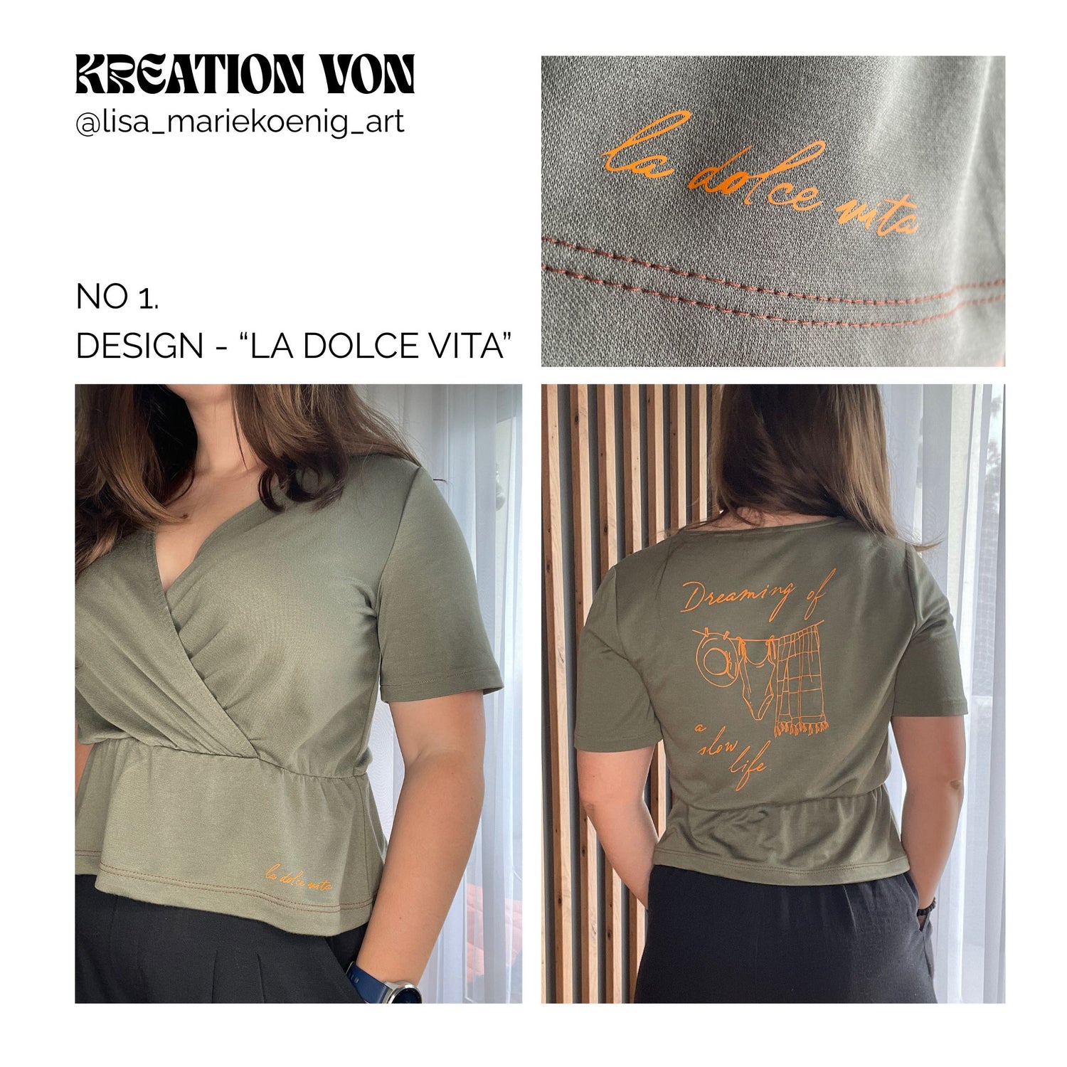 Hier siehst du die Kreation von Lisa-Marie, sie hat ein altes Kleidungsstück zu einem Wickeltop umgenäht und es dann noch zusätzlich mit dem "La dolce vita" Design verschönert.