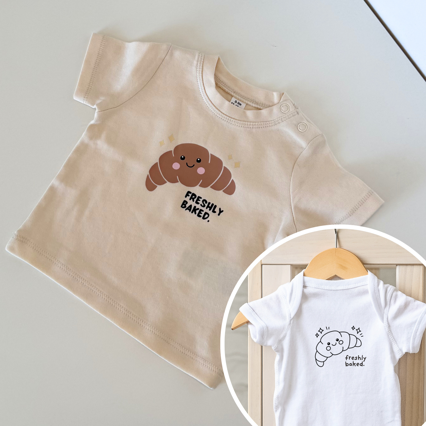 Plotterdatei „Freshly Baked“ mit Croissant, Donut und Zimtschnecke im Kawaii Stil, Baby Design zur Geburt, SVG DXF PNG