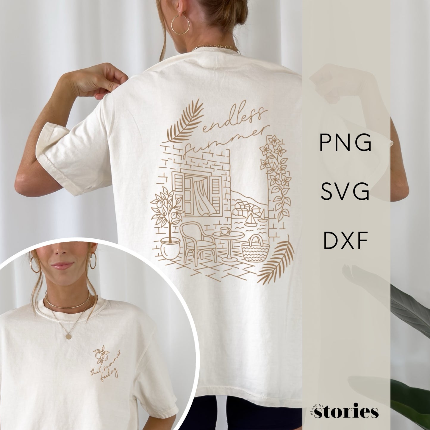 „Endless Summer“ – Rückendruck Design mit Symbolen wie Palme, Wellen und Orangenpflanzen. Perfekt für sommerliche T-Shirts, Taschen und Accessoires.