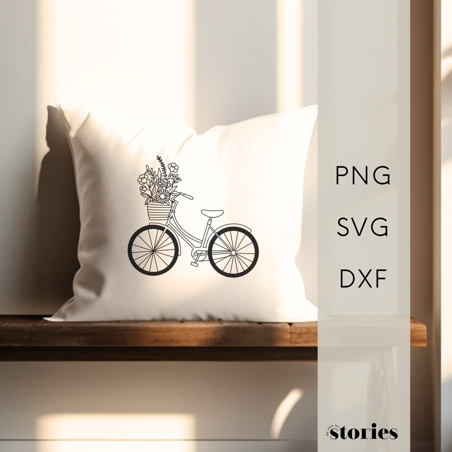 Digitale Plotterdatei mit einem Fahrrad und Blumenkorb – im minimalistischen Line Art Stil, ideal für frühlingshafte DIY-Projekte auf Stoff.