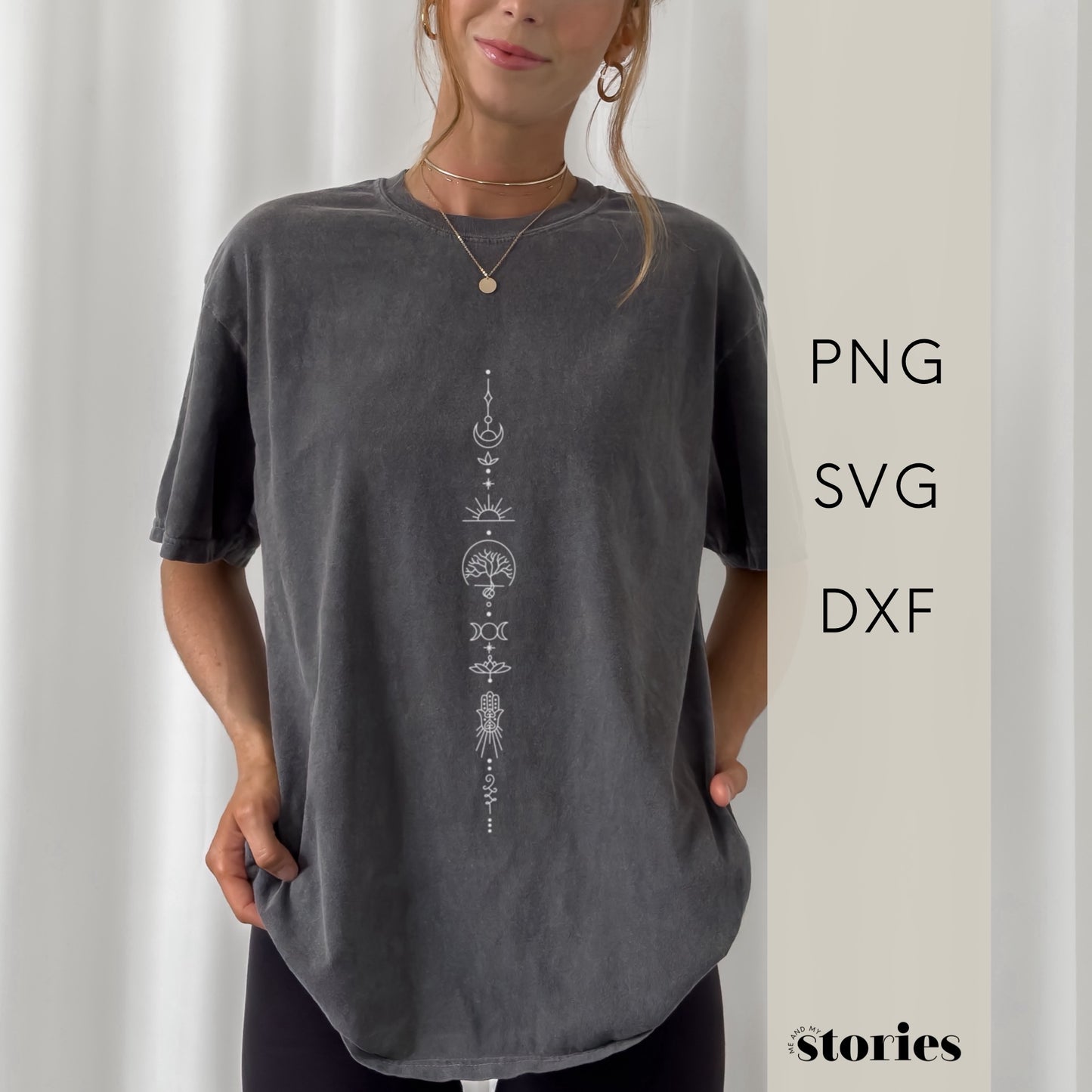 Digitale Plotterdatei im Boho-Stil mit spirituellen Symbolen: Halbmond, Sonne, Mondphasen, Lotus, Lebensbaum & Fatimahand im senkrechten Line Art Design.