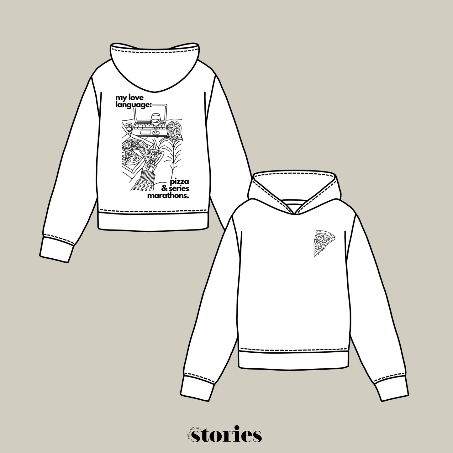 „Pizza & Chill“ – Line Art Design mit Pizza, Wein, Laptop und gemütlichen Accessoires für den perfekten „Chill“-Abend. Ideal für T-Shirts, Hoodies und kreative DIY-Projekte.