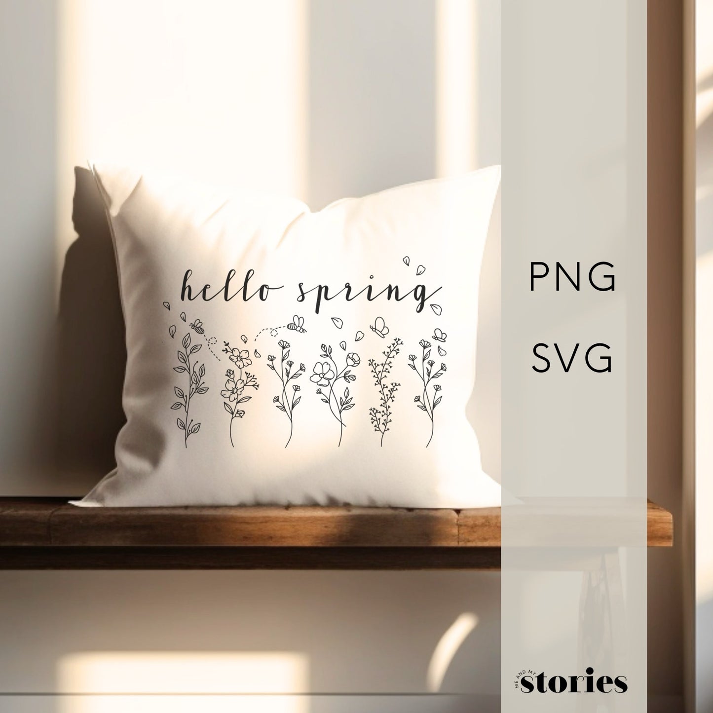 Digitale Plotterdatei mit Line Art Blumenwiese, Bienen und dem Schriftzug „hello spring“ – frühlingshaftes Design für Kissen, Fensterbilder & Taschen.