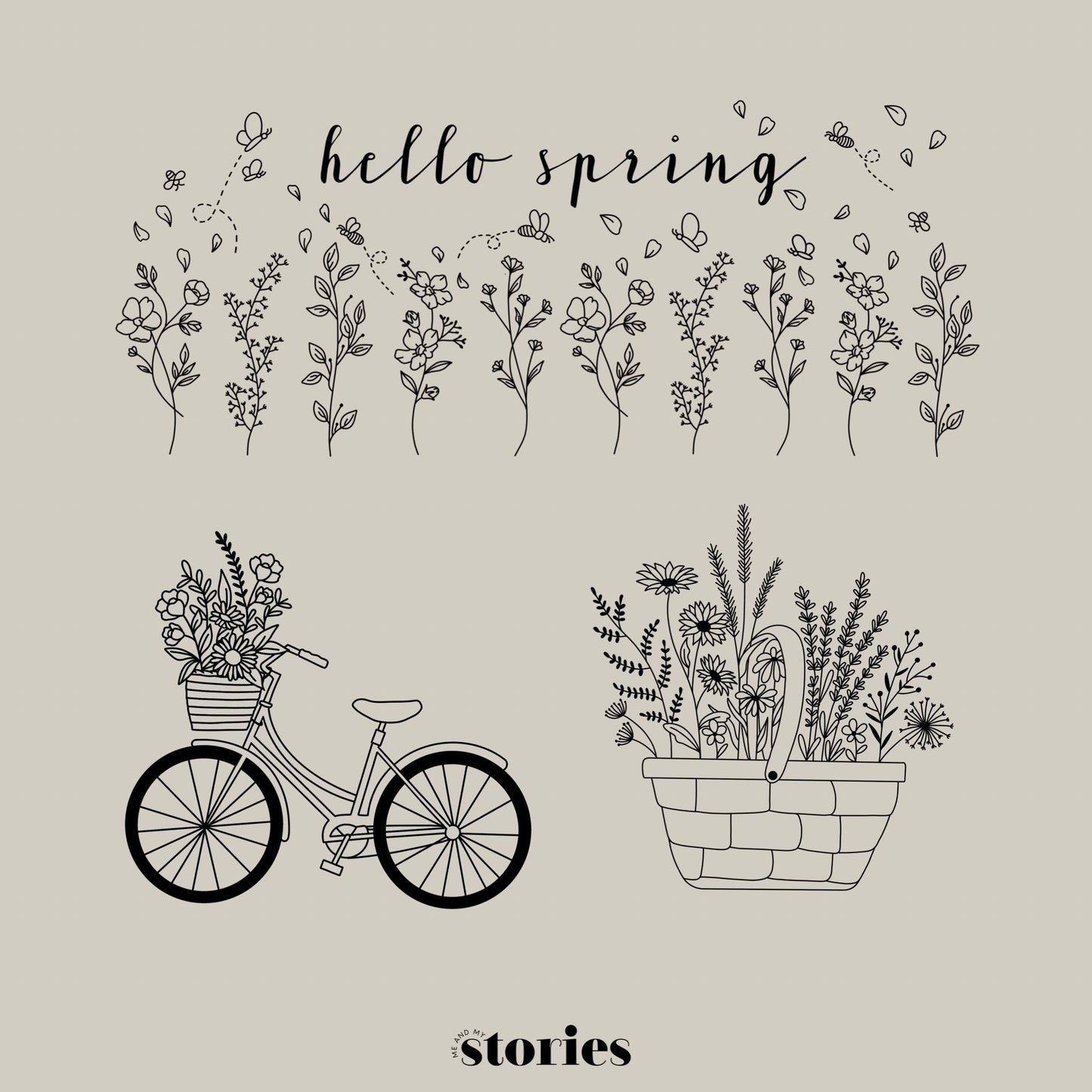 3 digitale Line Art Plotterdateien mit Blumenwiese und „Hello Spring“-Schriftzug, Fahrrad mit Blumenkorb und Wildblumenkorb – ideal für DIY-Projekte im Frühling und zu Ostern