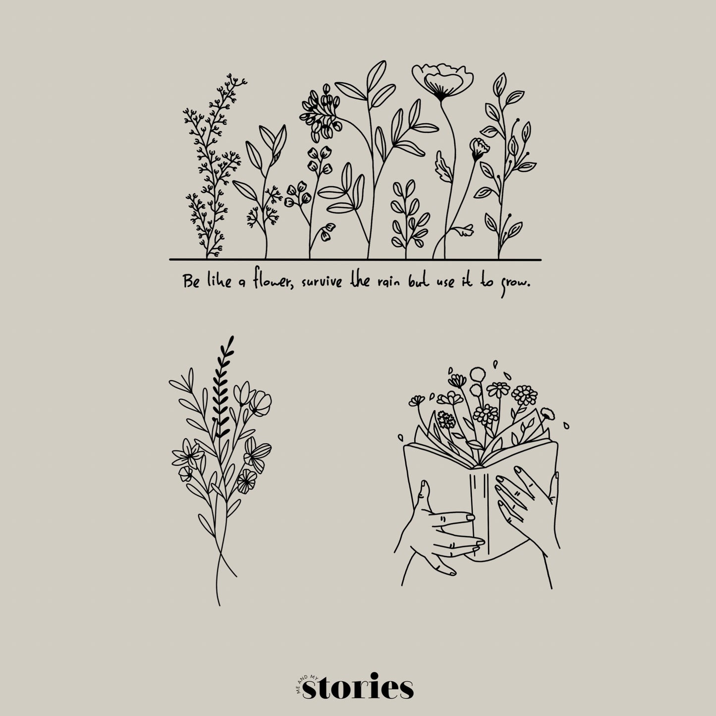 3 digitale Line Art Plotterdateien mit Blumenwiese & Spruch, Blumenstrauß und einem Buch mit herauswachsenden Blumen – ideal für Shirts, Taschen und Wanddeko.