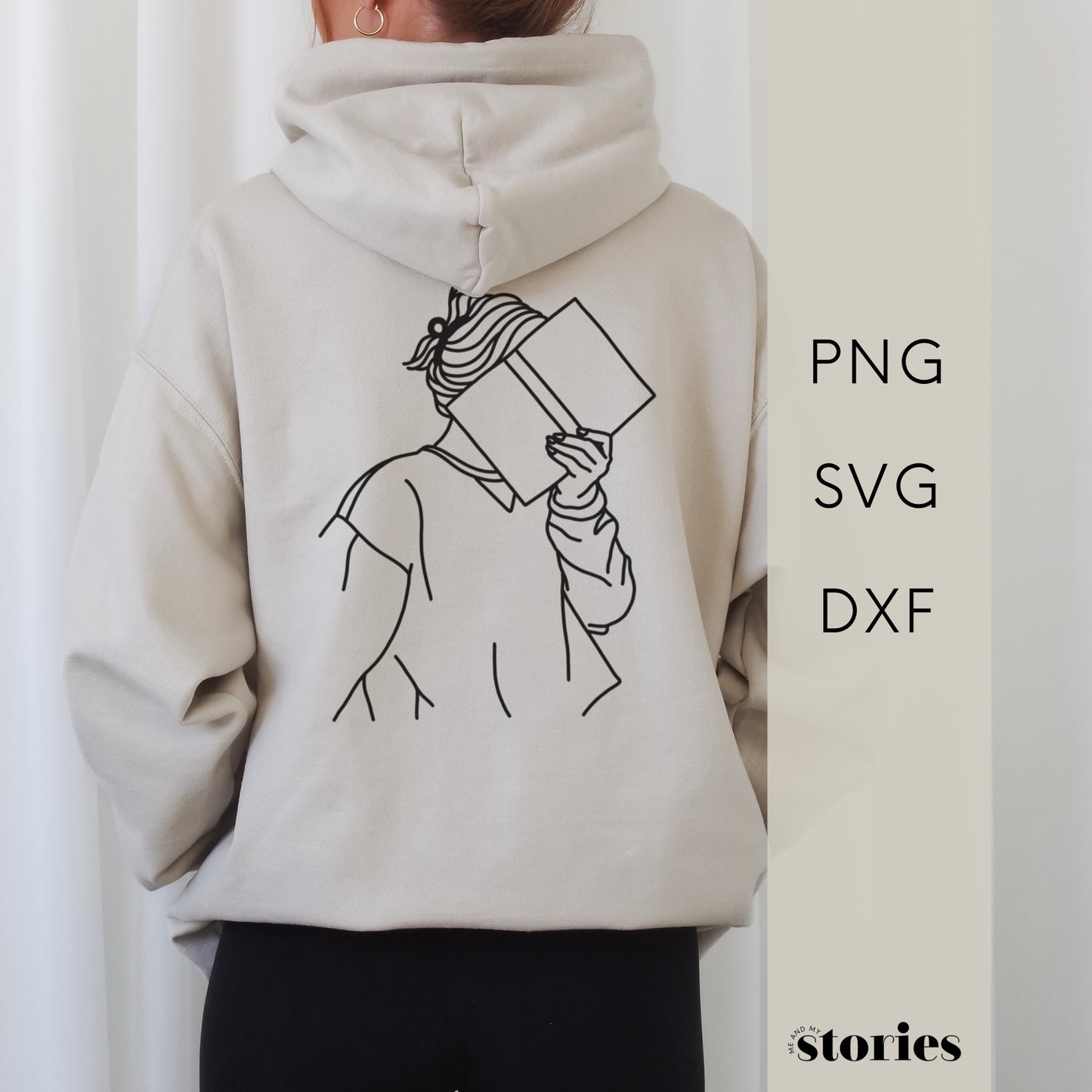 Digitale Plotterdatei mit Line Art: Frau, die ein Buch vor ihrem Gesicht hält – minimalistisches Design für Bücherliebhaber*innen.