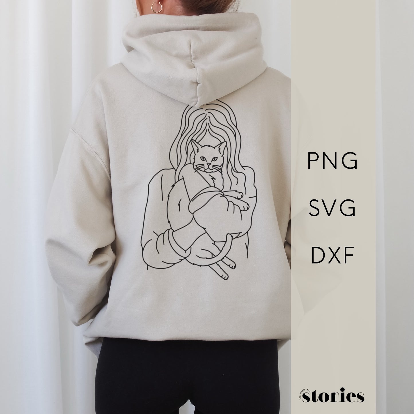 Digitale Plotterdatei mit Line Art: Frau, die eine Katze im Arm hält – minimalistisches Design für Katzenliebhaber*innen, Shirts & DIY-Geschenke.