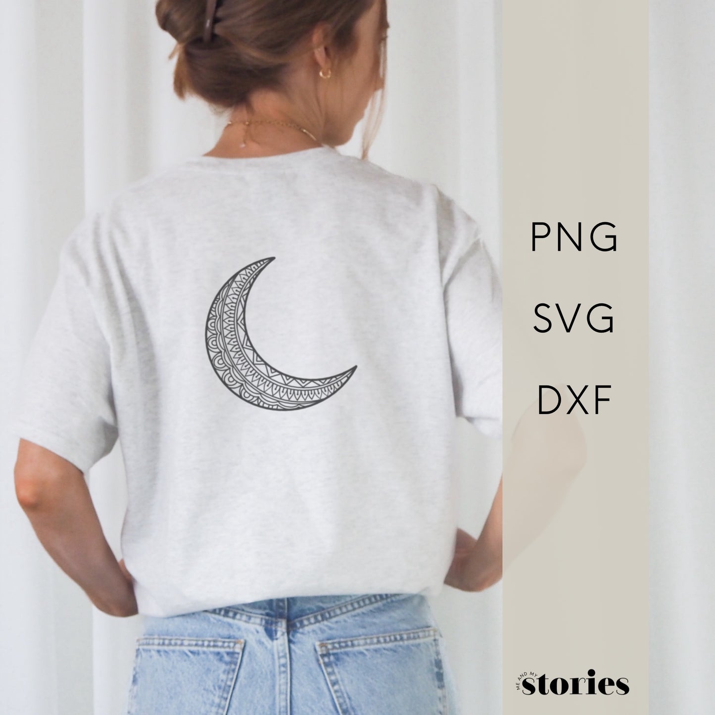 Digitale Plotterdatei mit Boho Sichelmond und filigranem Mandala – im minimalistischen Line Art Stil für Shirts, Taschen, Deko & Yogazubehör.