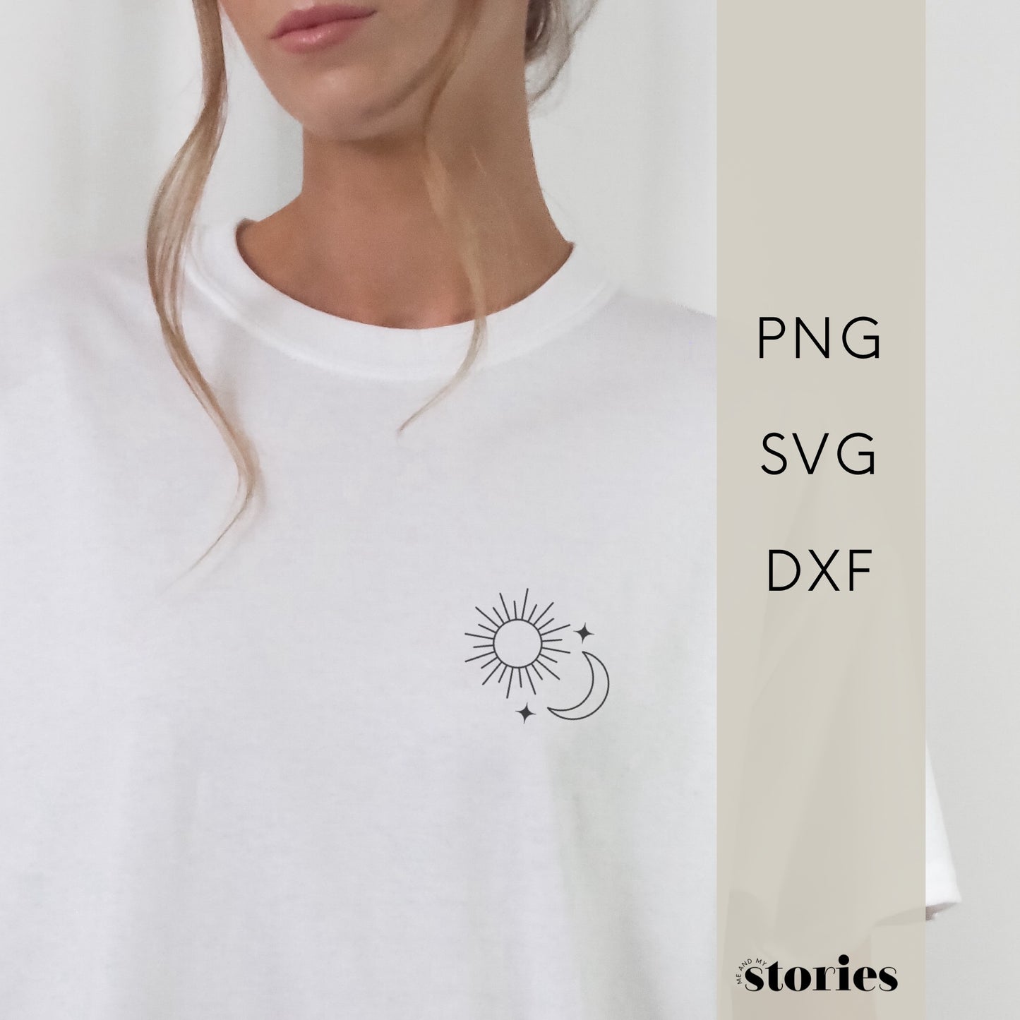 Digitale Plotterdatei mit Sonne und Mond im Boho Line Art Stil – sich gegenüberstehende Symbole für Balance, Achtsamkeit und Spiritualität.
