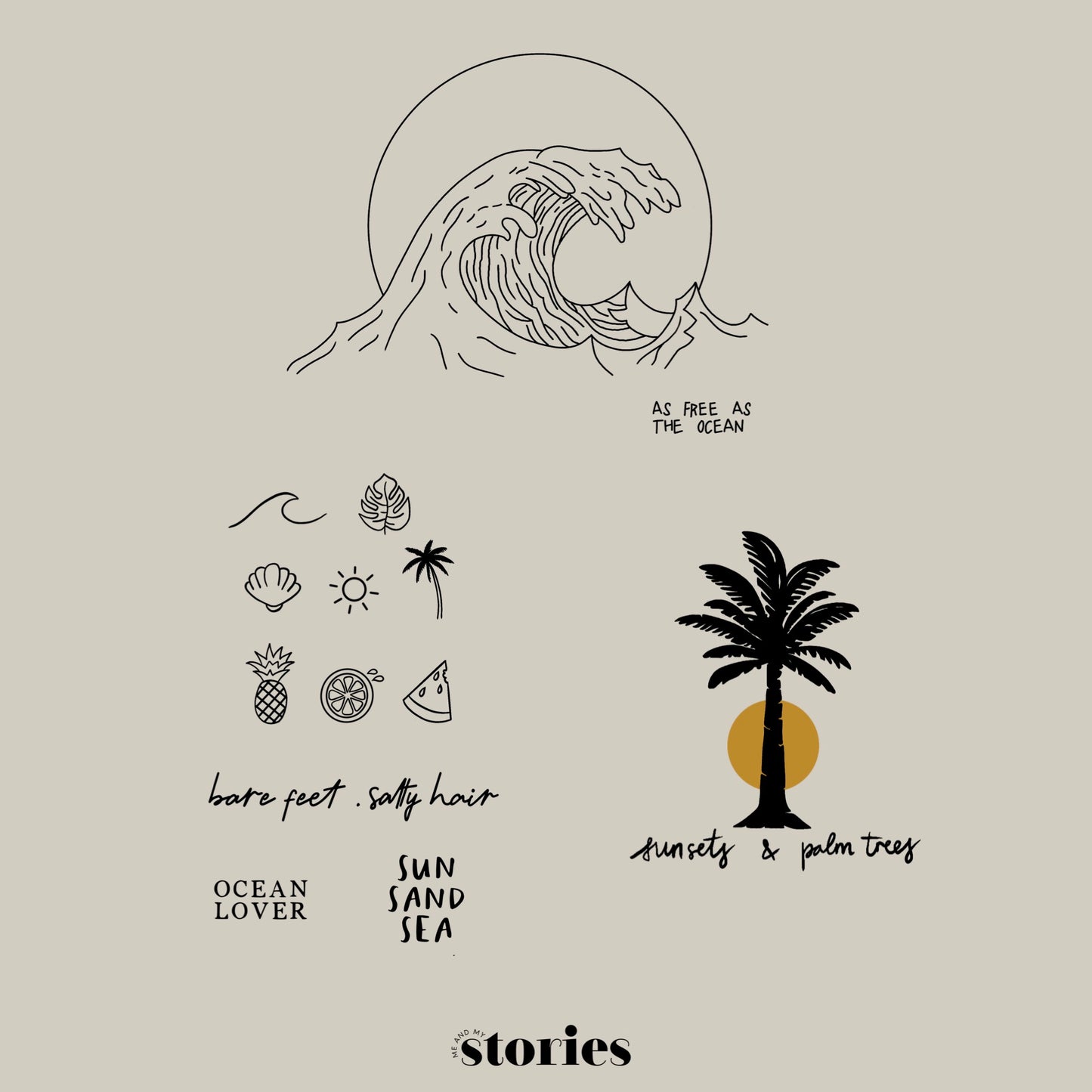 3 sommerliche Plotterdateien im Line Art Stil: Welle mit Text „as free as the ocean“, Palme mit „sunsets & palmtrees“ & 11 Mini-Symbole wie Sonne, Blatt, Zitrone, Ananas uvm.