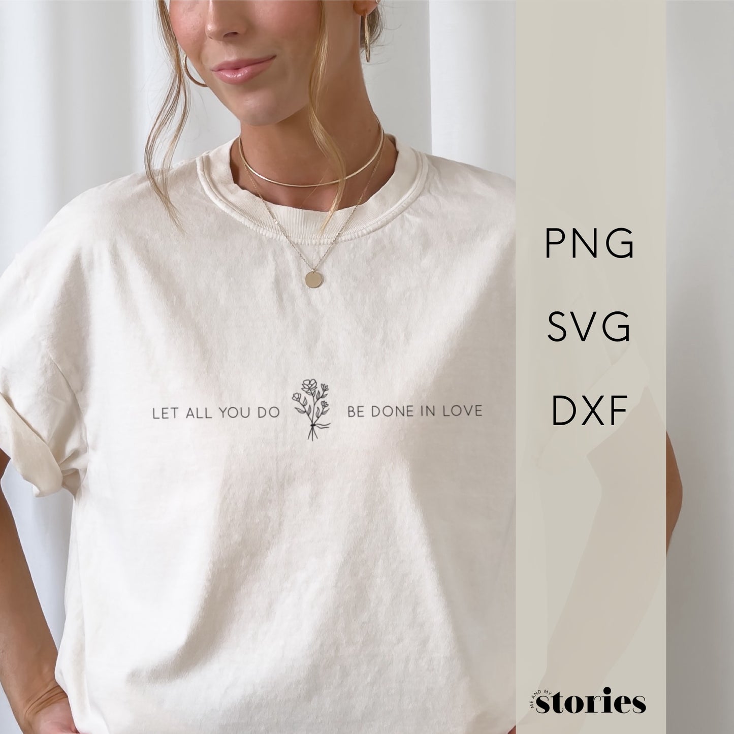 Digitale Plotterdatei mit dem Spruch „Let all you do be done in love“ und einem minimalistischen Blumenstrauß im Line Art Stil – für Shirts, Taschen & Deko.