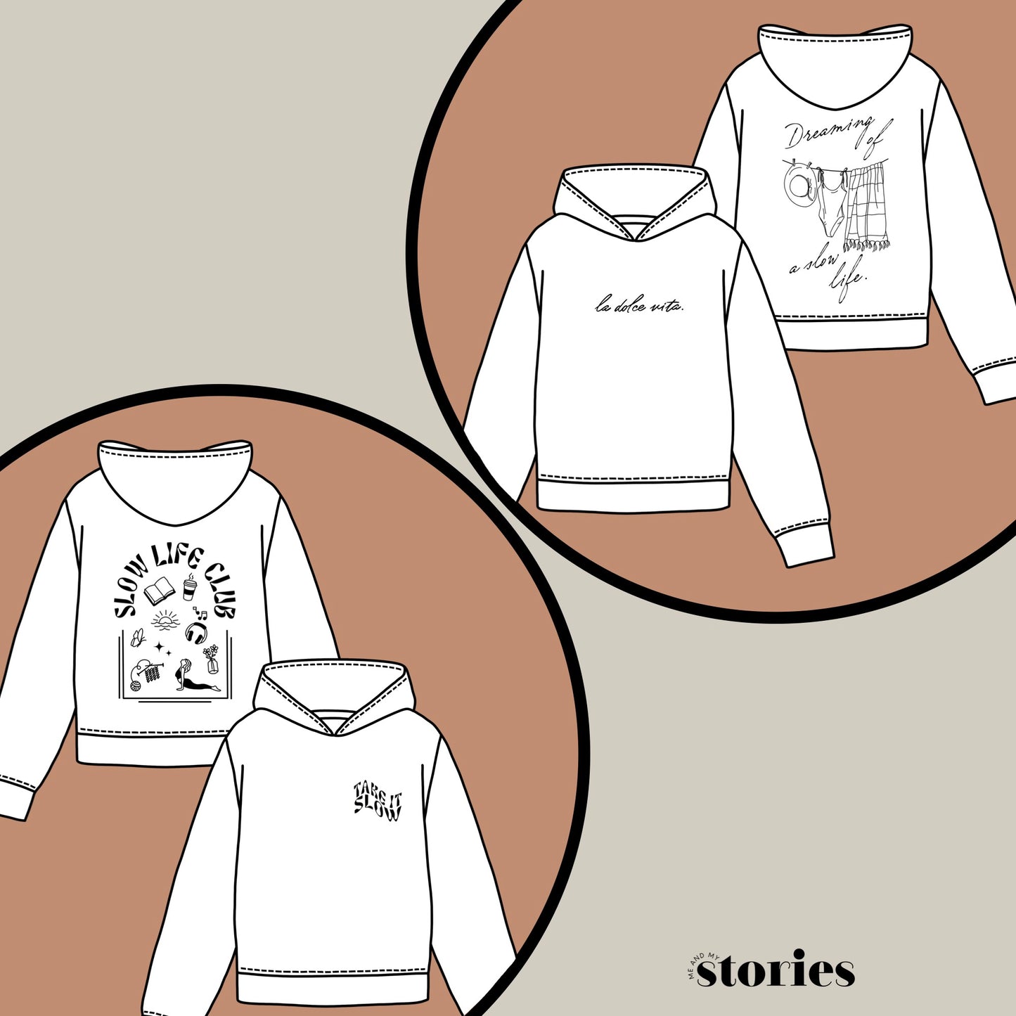 2 digitale Plotterdateien mit Front- & Rückenprints im Statement-Stil: La Dolce Vita & Slow Life Club - ideal für DIY-Shirts & Hoodies.