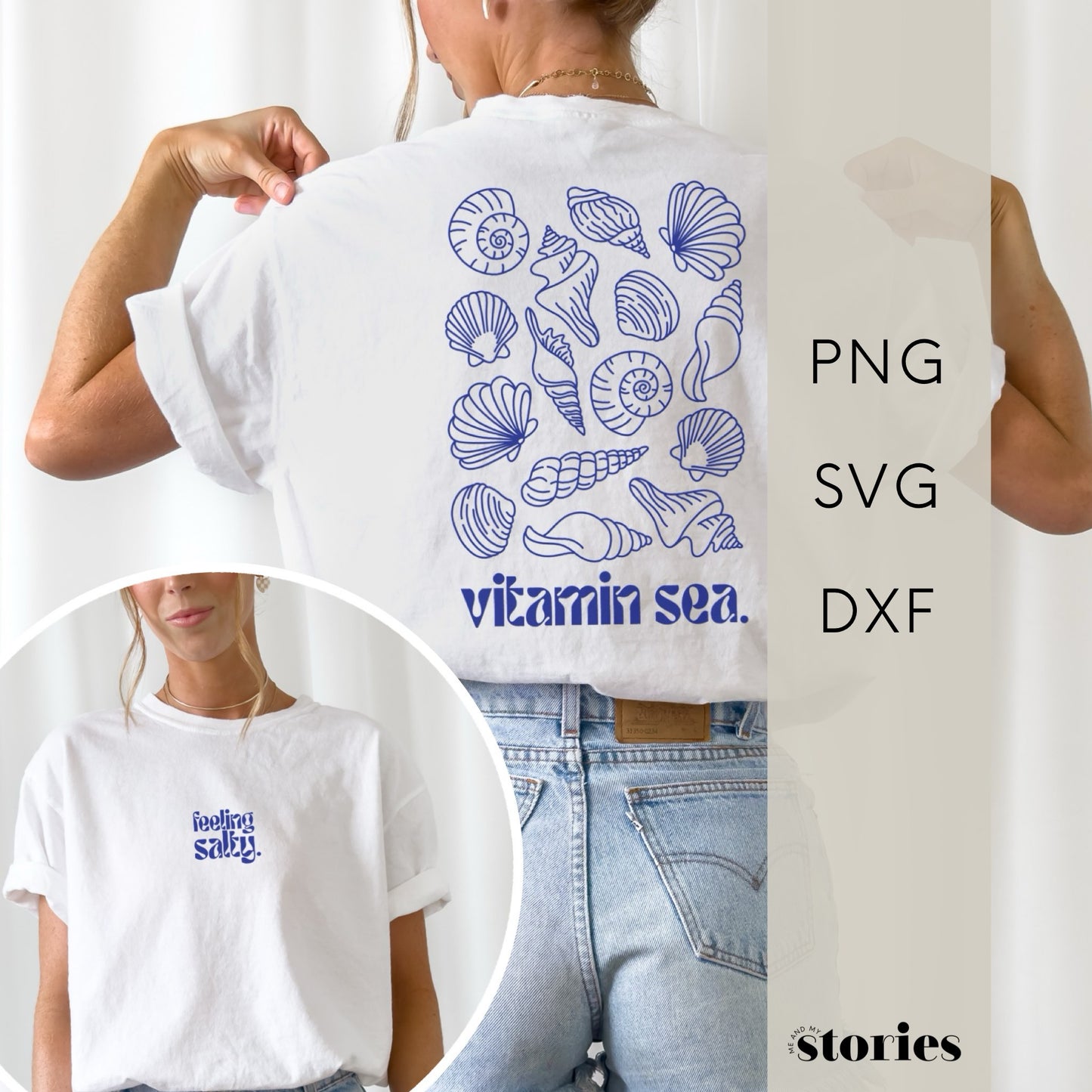 Digitale Plotterdatei mit „Feeling salty“ Schriftzug für die Vorderseite und Muscheln mit „Vitamin Sea“ für den Rücken – sommerliches Line Art Design für Shirts und Taschen.