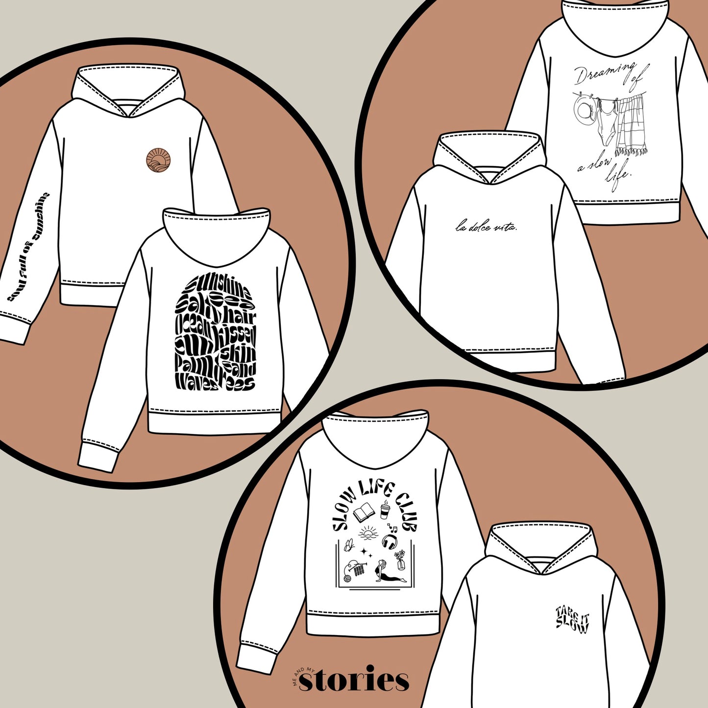 3 digitale Plotterdateien mit Front- & Rückenprints im Statement-Stil: La Dolce Vita, Slow Life Club & Sommer Vibes inkl. Ärmelmotiv – ideal für DIY-Shirts & Hoodies.