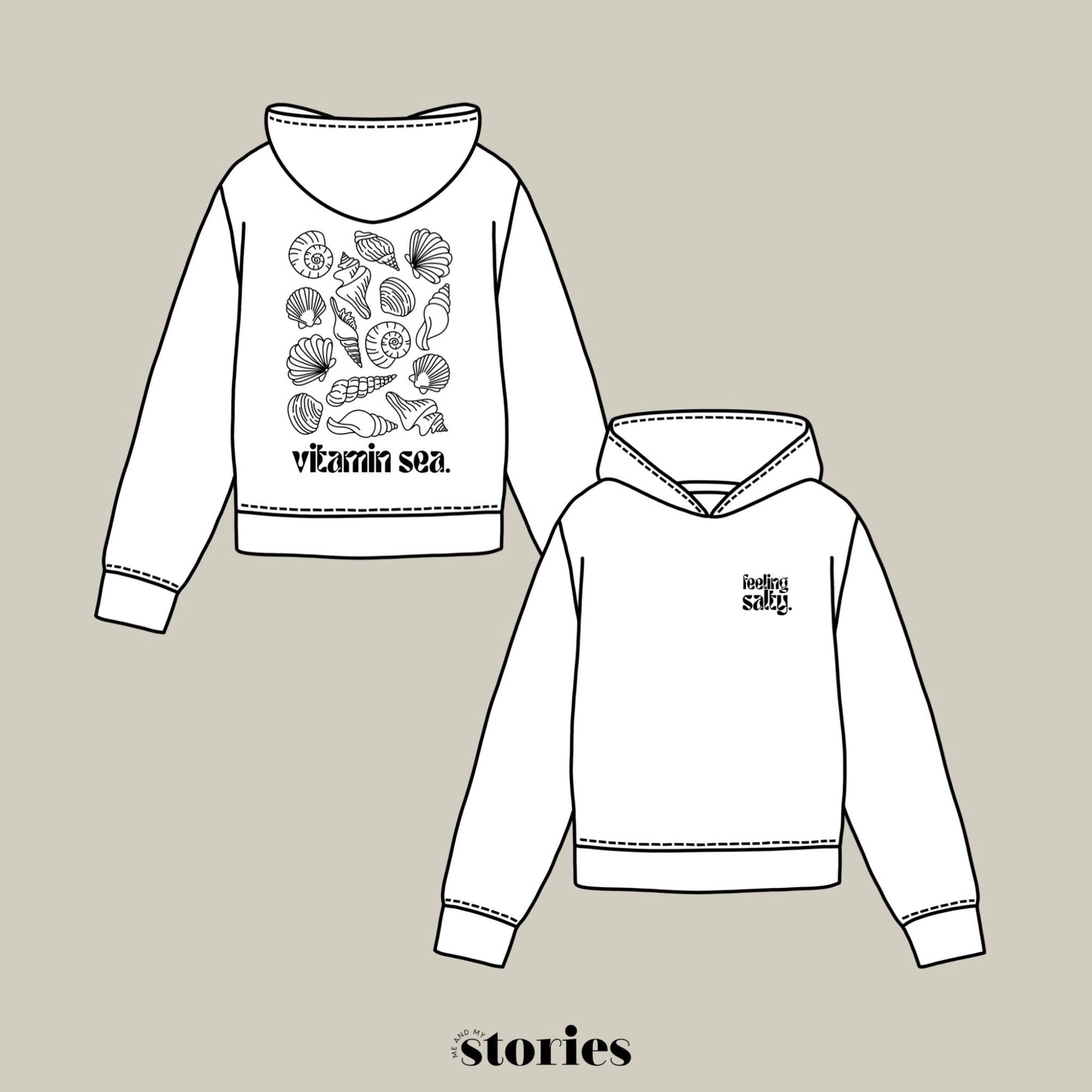 Digitale Plotterdatei mit „Feeling salty“ Schriftzug für die Vorderseite und Muscheln mit „Vitamin Sea“ für den Rücken – sommerliches Line Art Design für Shirts und Taschen.