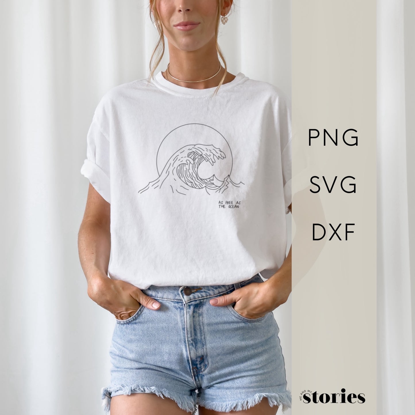 Digitale Plotterdatei mit Welle im Line Art Stil und dem Spruch „as free as the ocean“ – minimalistisches Sommer- und Freiheitsdesign für Shirts & Taschen.