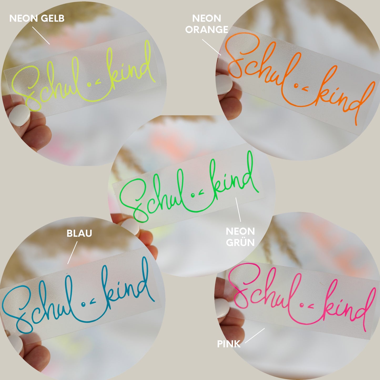 Bügelbild mit „Schulkind“ Schriftzug in Neonfarben für Einschulung und Schule in knalligen Farben: Neon orange, blau, neon gelb, neon pink und neon grün.