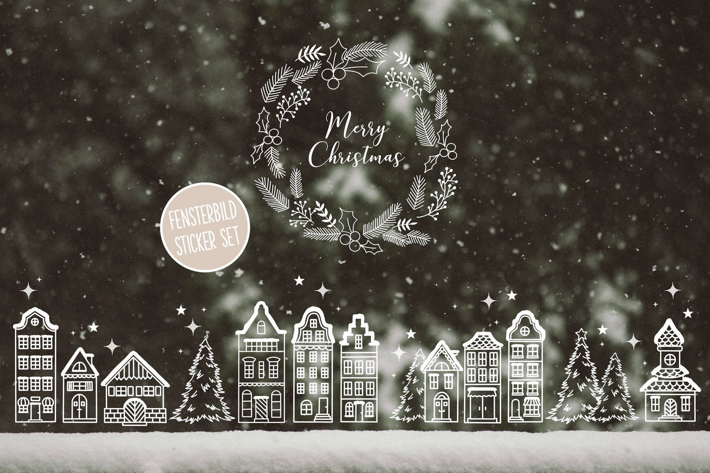Sticker/Decal Set - Window picture "Winter landscape & Christmas wreath"
