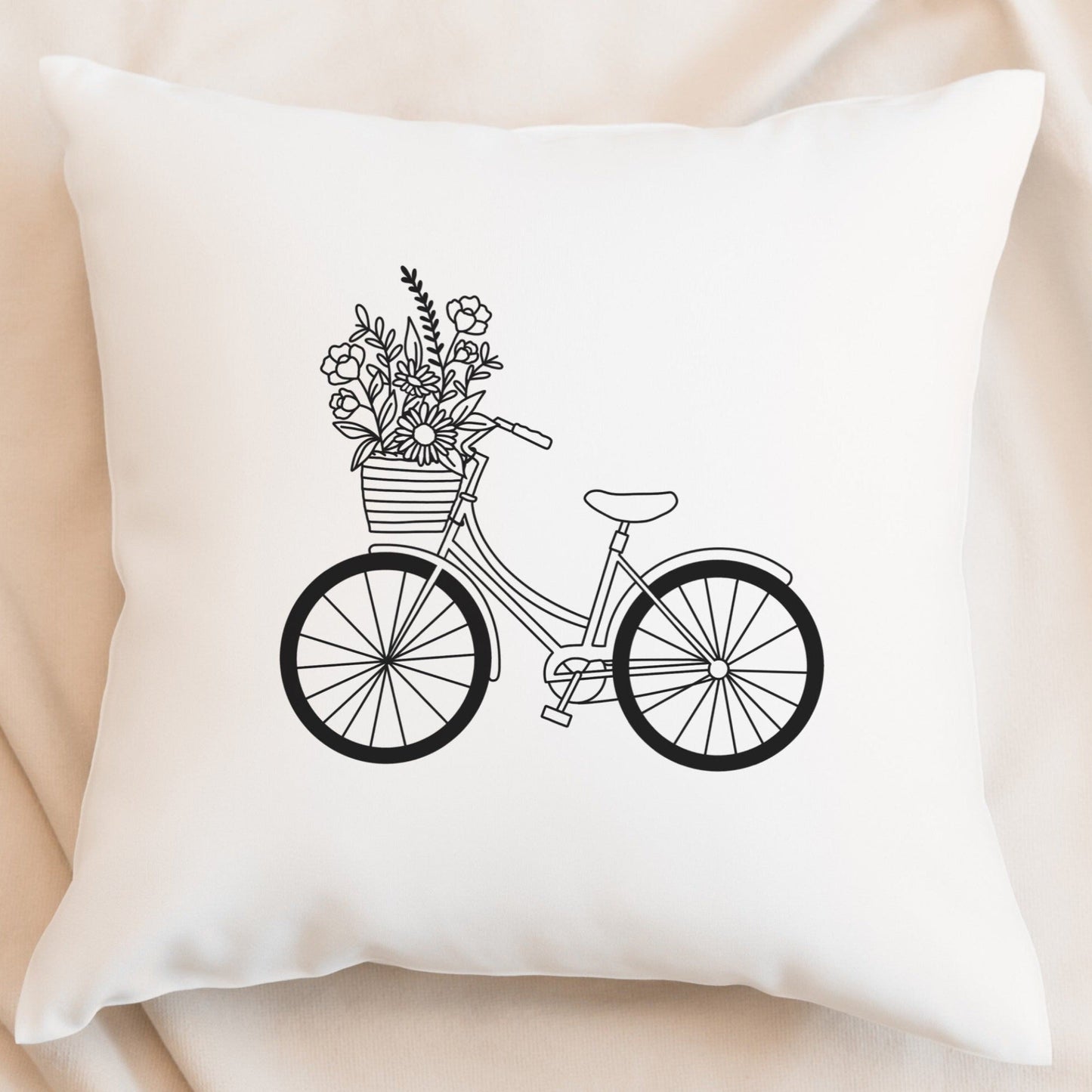 Digitale Plotterdatei mit einem Fahrrad und Blumenkorb – im minimalistischen Line Art Stil, ideal für frühlingshafte DIY-Projekte auf Stoff.