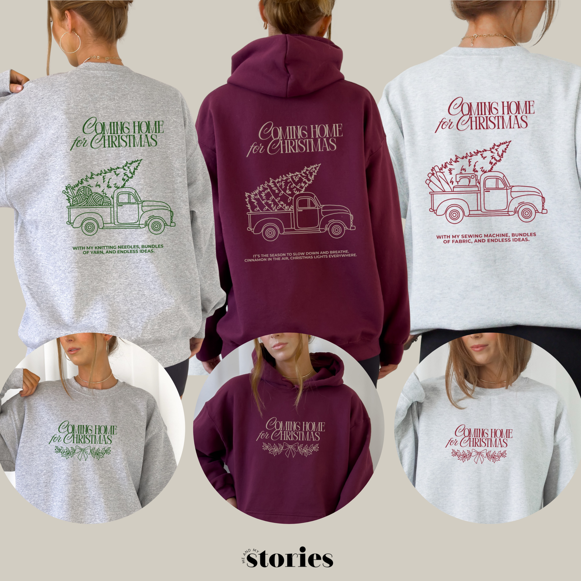 3-teiliges Weihnachts-Plotterdatei-Set Coming Home for Christmas – Truck mit Baum, Nähmaschine & Wolle im Line Art Stil. Perfekt für Sweater, Hoodies & DIY-Projekte.