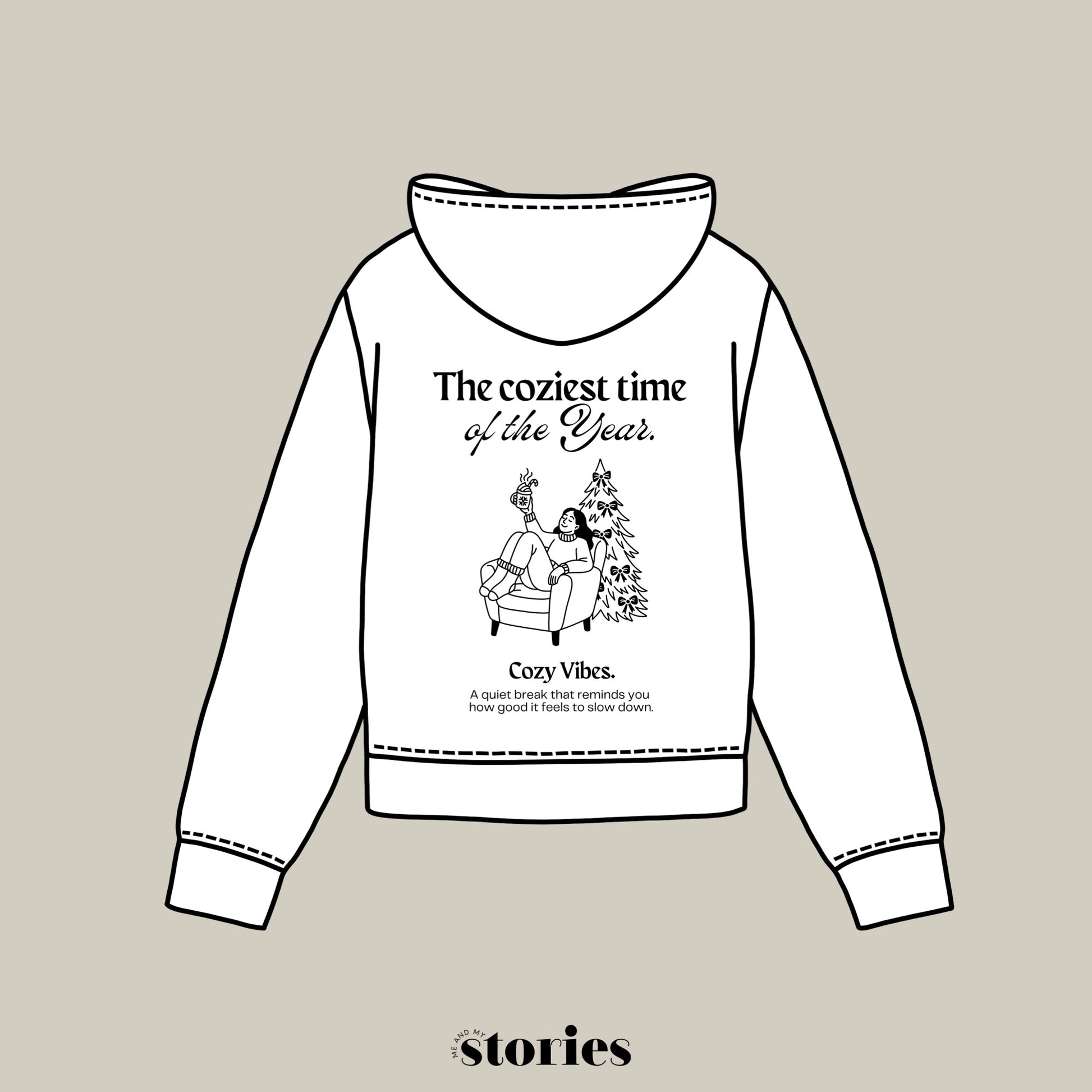 Weihnachtliche Plotterdatei The coziest time of the Year – Line Art Frau im Sessel mit Tanne und Tasse. Perfekt für Christmas Sweater & winterliche DIY-Projekte.