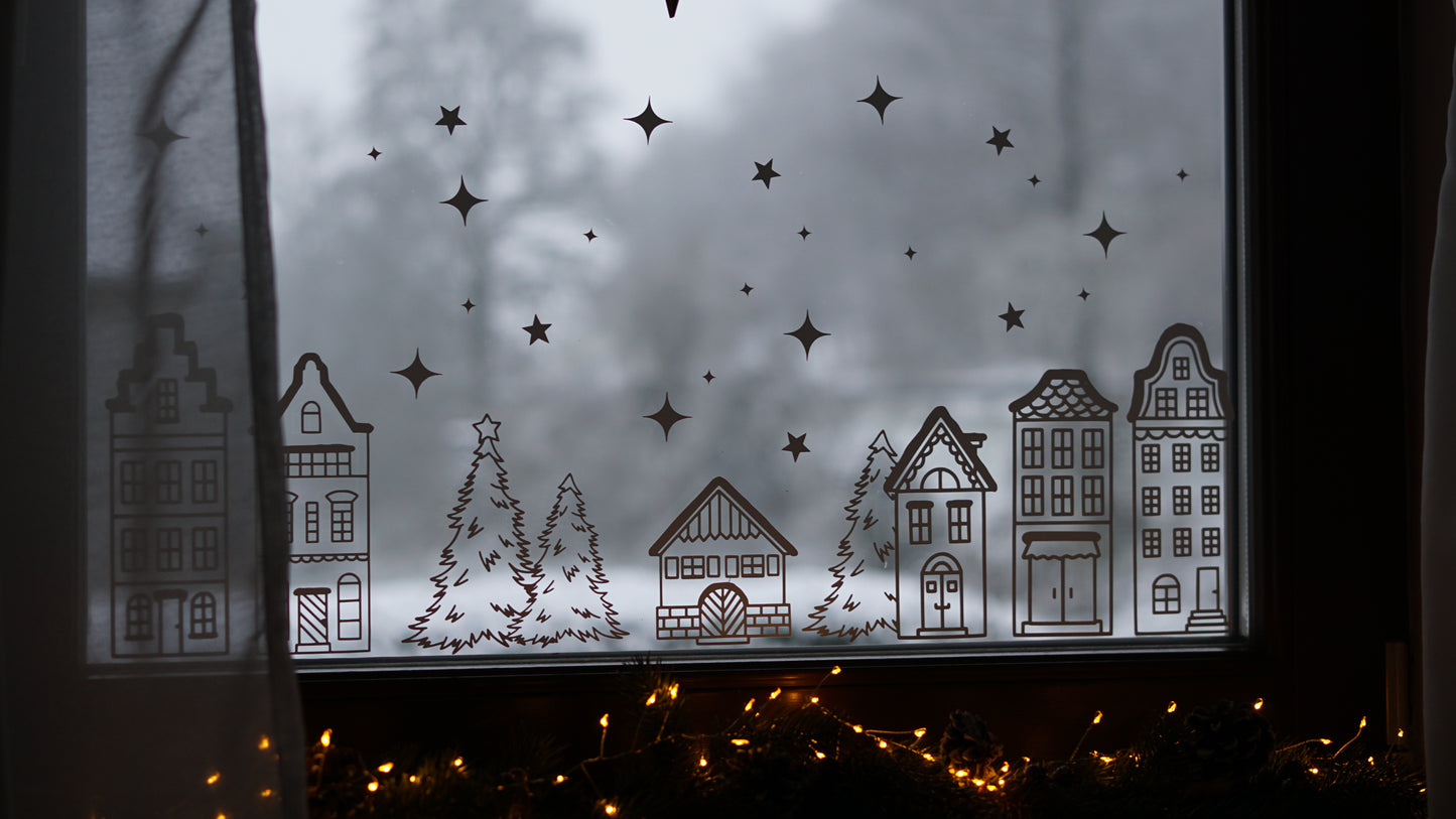 Sticker/Aufkleber Set - Fensterbild "Mistelzweig, Winterlandschaft & Weihnachtskranz“