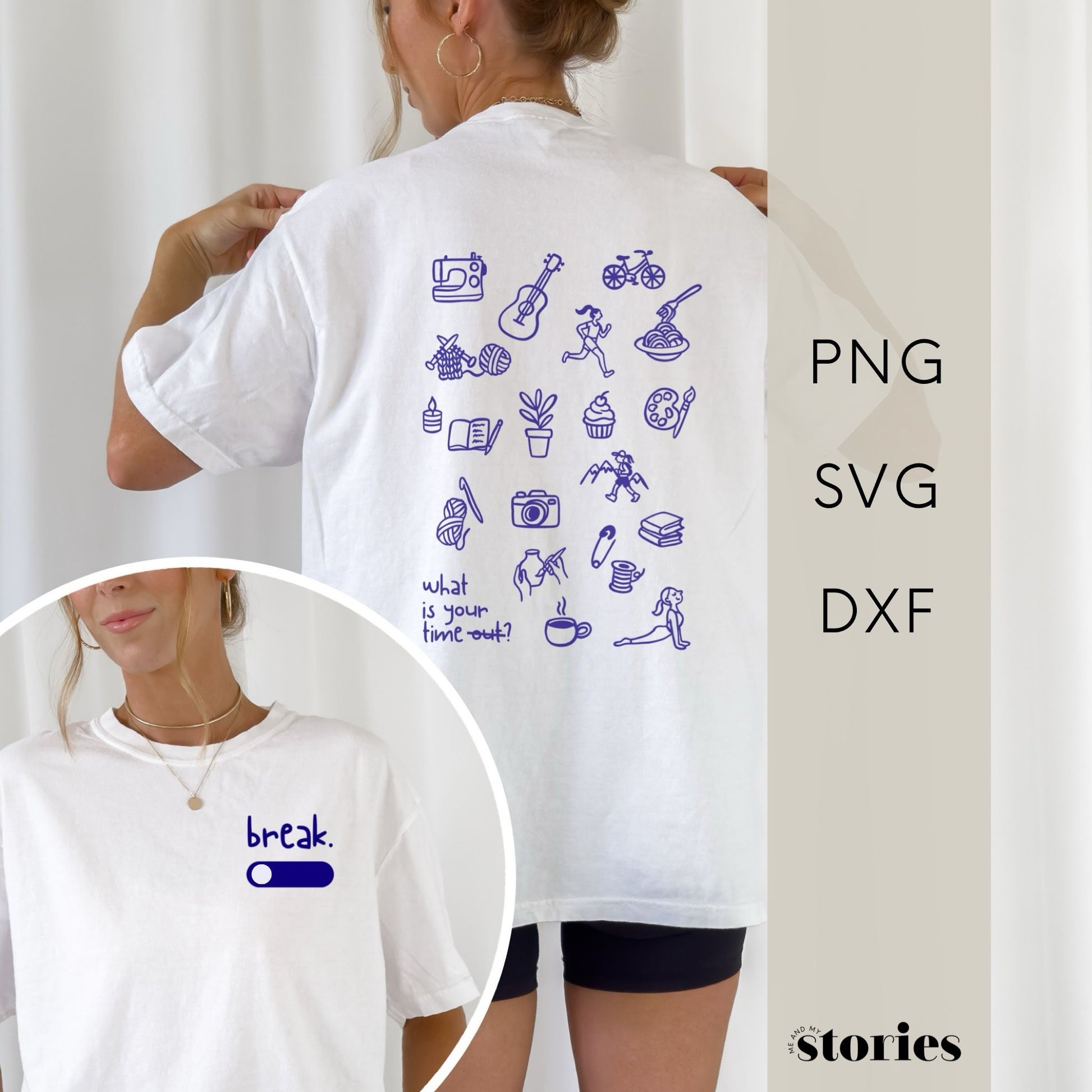 Plotterdatei „Break“ mit dem Spruch „what is your time out?“ und vielen kleinen Symbolen für verschiedene Hobbys wie Stricken, Nähen, Backen, Radfahren, Kochen und Laufen. Minimalistisches Line-Art-Design, entstanden in Kooperation mit Sandrina von @sunnio.sewingstorys. Ideal für Shirts, Taschen und kreative DIY-Projekte.