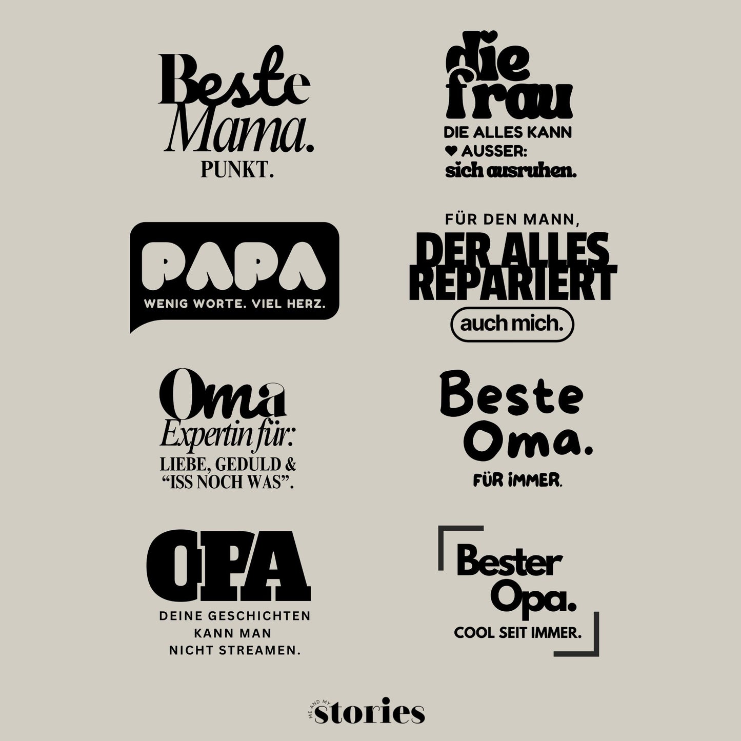 Plotterdatei Family Sprüche Set – je zwei Sprüche für Mama, Papa, Oma & Opa. Perfekt für personalisierte Weihnachtskugeln, Acrylscheiben & DIY-Geschenke.