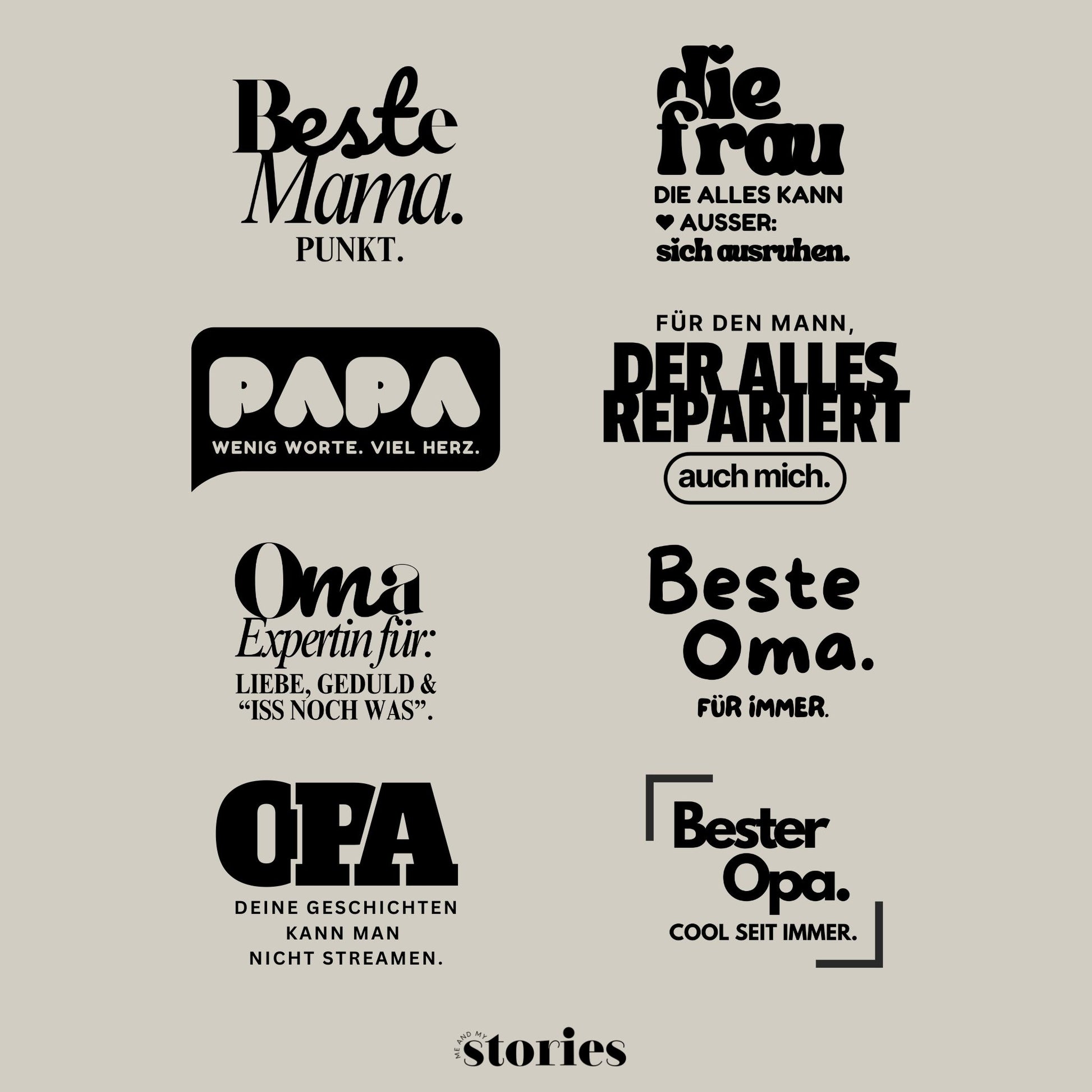 Plotterdatei Family Sprüche Set – je zwei Sprüche für Mama, Papa, Oma & Opa. Perfekt für personalisierte Weihnachtskugeln, Acrylscheiben & DIY-Geschenke.