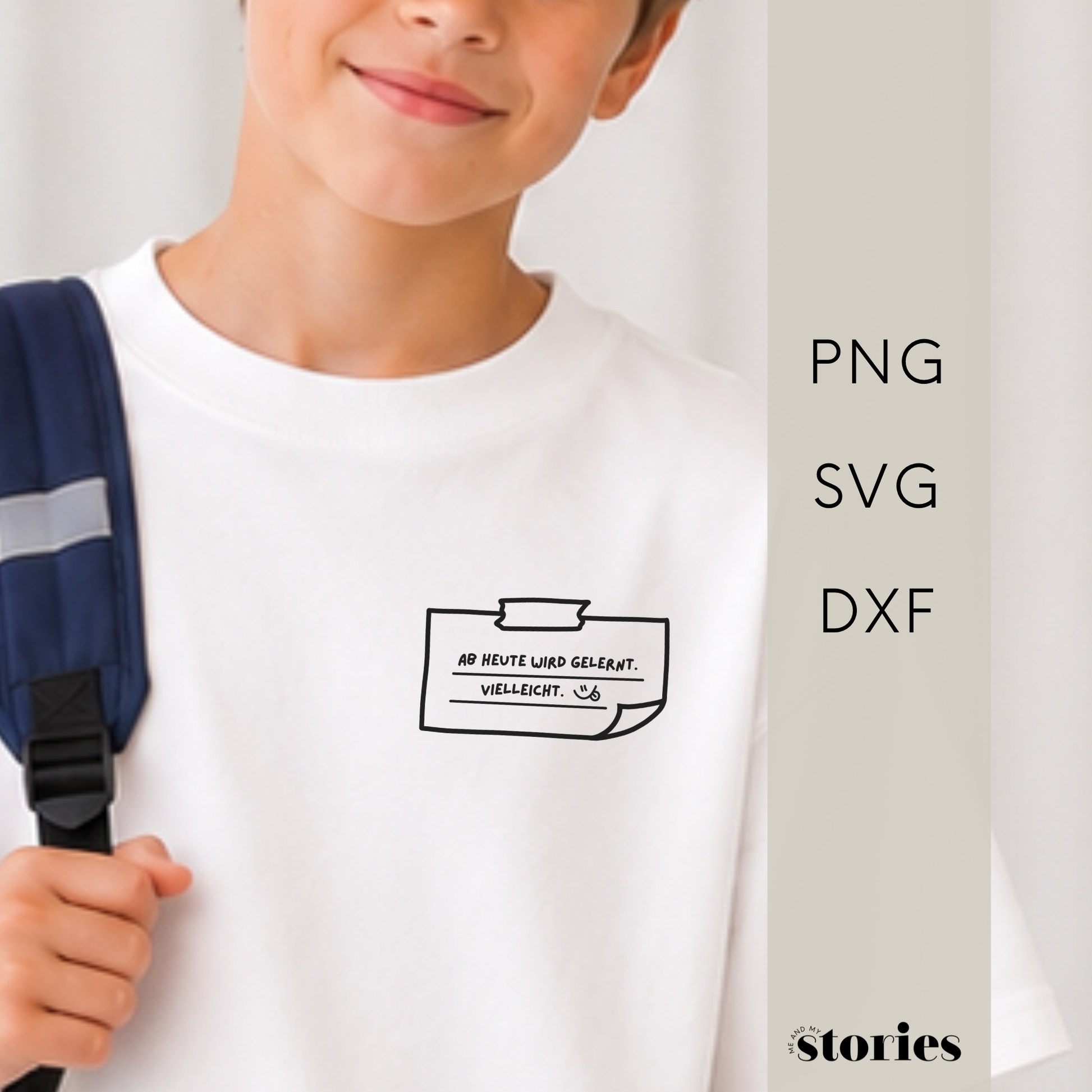 Plotterdatei „Ab heute wird gelernt. Vielleicht.“ im Post-it-Design mit handschriftlichem Zusatz für Schulkind und Einschulung, SVG DXF PNG