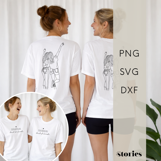 Digitale Plotterdatei „The Best Memories Come From Bad Ideas Done with Best Friends“ – Line Art Design mit zwei Mädels, die sich umarmen. Ideal für Freundschaftsgeschenke und DIY-Projekte für Freundinnen.