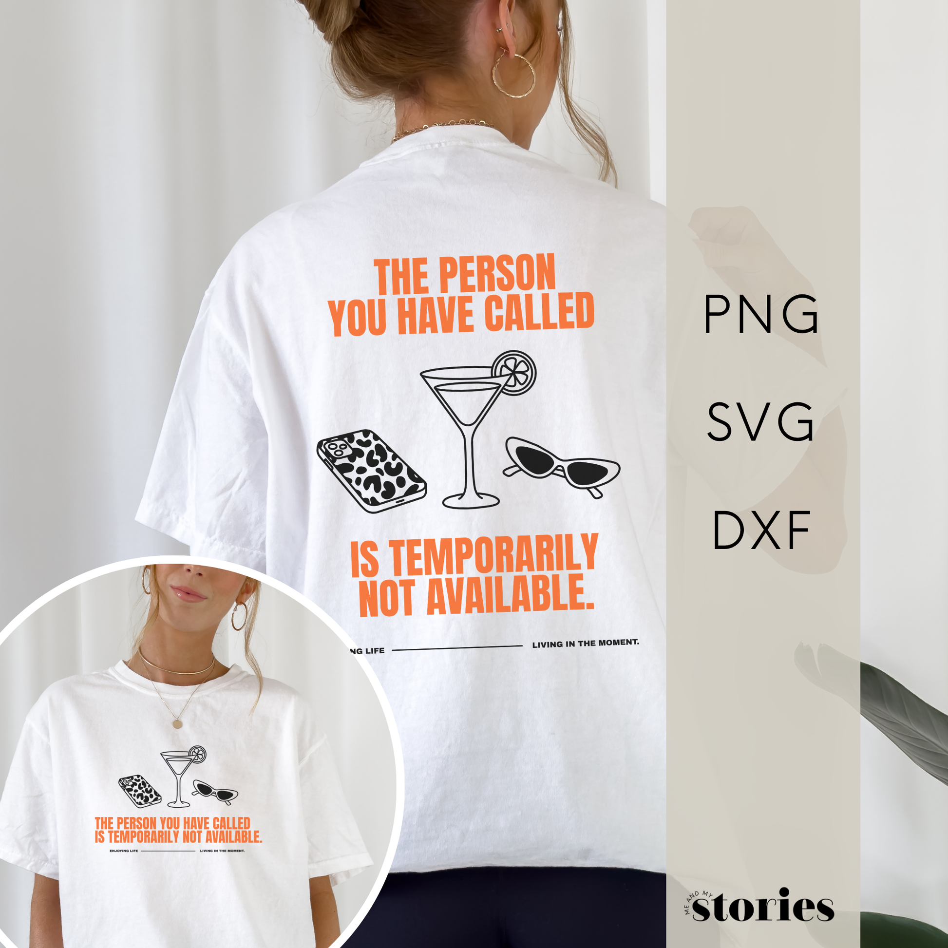 Plotterdatei „The Person You Have Called Is Temporarily Not Available“ mit Cocktail, Sonnenbrille und Smartphone als Front- & Backprint, SVG DXF PNG
