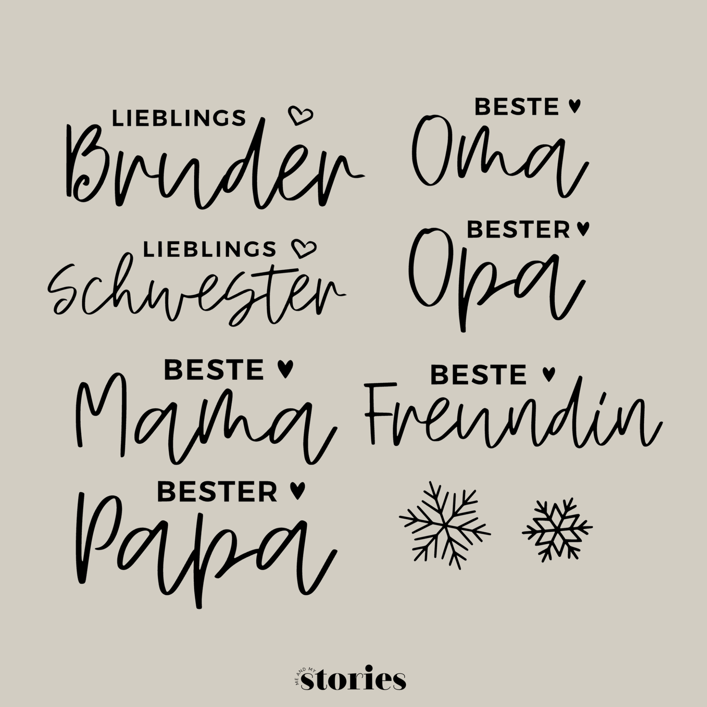 Plotterdatei Familie Family Collection mit Schriftzügen für Mama, Papa, Oma, Opa, Schwester, Bruder und Freundin für personalisierte Geschenke und Weihnachtskugeln