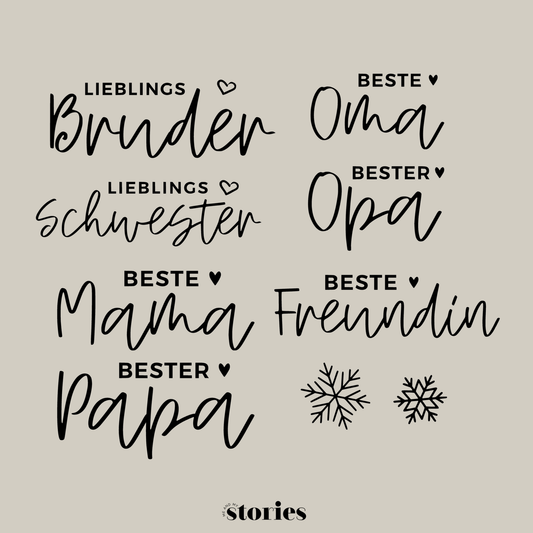 Plotterdatei Familie Family Collection mit Schriftzügen für Mama, Papa, Oma, Opa, Schwester, Bruder und Freundin für personalisierte Geschenke und Weihnachtskugeln