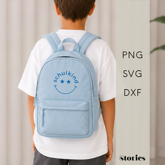 Digitale Plotterdatei „Schulkind Smiley-Gesicht“ – fröhliches Design für den Schulanfang. Ideal für T-Shirts, Taschen und Schulzubehör zur Einschulung.