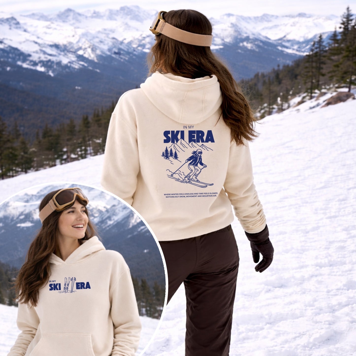 Minimalistischer Backprint mit Schriftzug „In my ski era“ – modernes Ski Plotterdesign für Winter-Shirts und Hoodies. Dezenter Frontprint „In my ski era“ – minimalistische Plotterdatei für Ski- und Winter-Styles