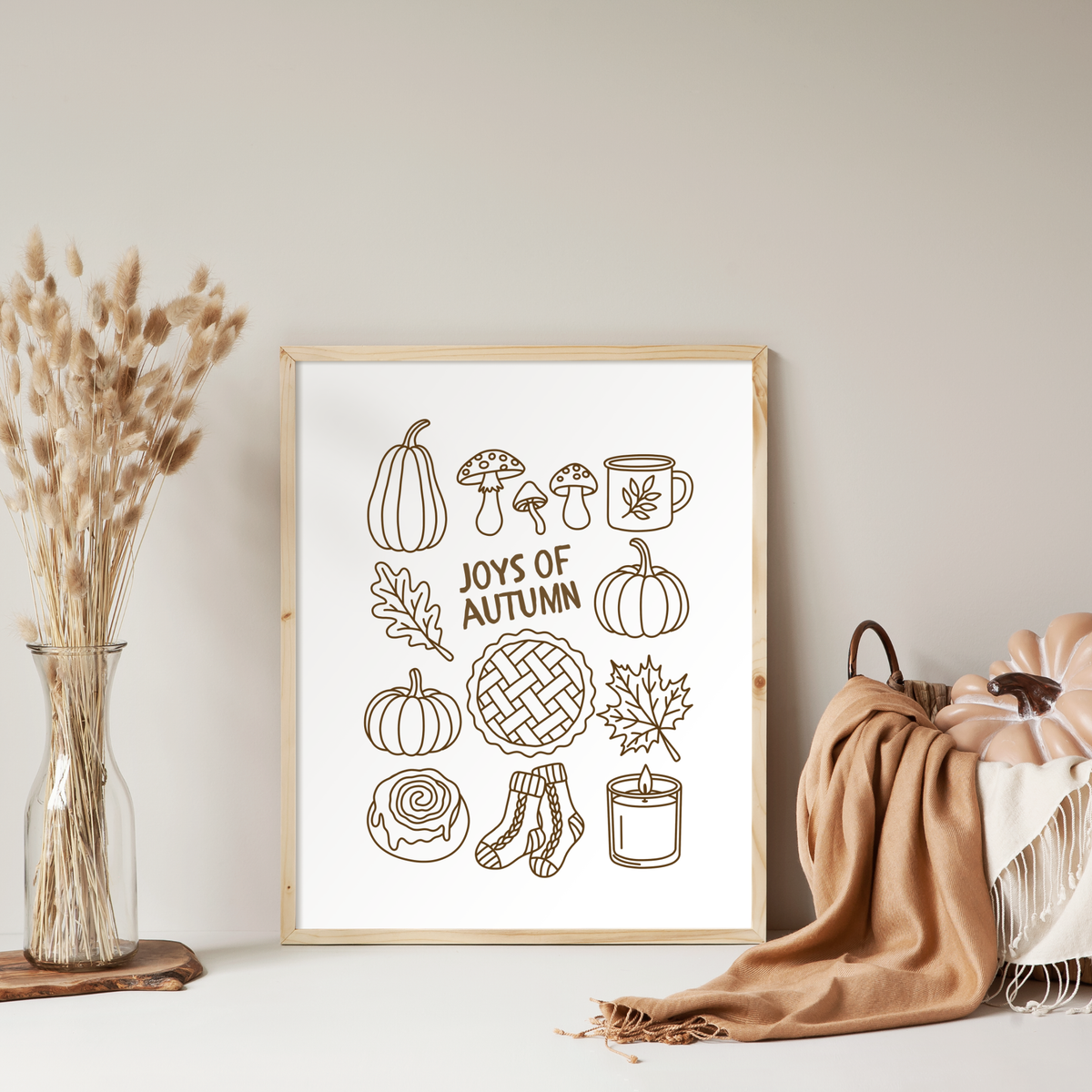 Plotterdatei Joys of Autumn mit Kürbissen, Pilzen, Zimtschnecke, Tasse, Blättern, Kerze und weiteren herbstlichen Cozy Motiven als SVG, DXF und PNG