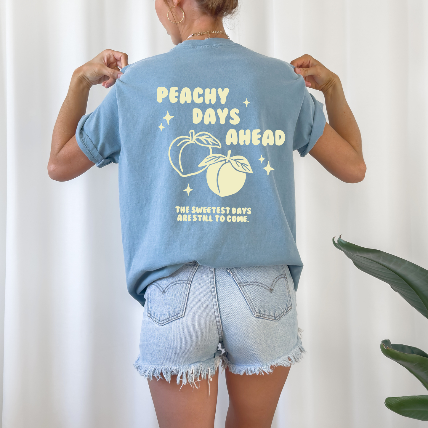 Plotterdatei „Peachy Days“ mit Pfirsichen, Retro-Schriftzug, Sternen und sommerlichem Statement als Backprint, SVG DXF PNG