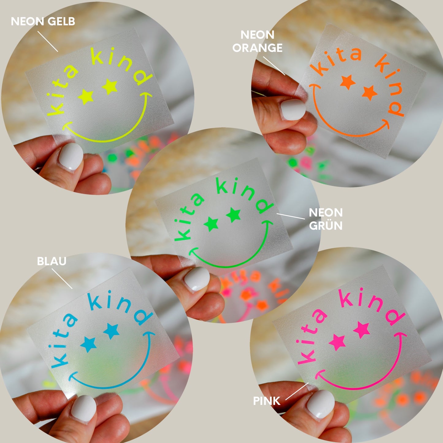 Bügelbild „Kita Kind“ – Smiley mit Sternaugen im Kreis für den ersten Kindergartenstart. Perfekt für T-Shirts, Taschen und Kindergartenartikel.